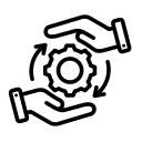 Two hands one above one below a cog with clockwise arrows icon 