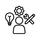 a person with a cog, a spanner and pencil and a light bulb icon 