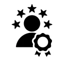 A person with five stars circling their head and a rosette icon 