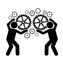 Two figures holding several small to large cogs icon 