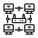 Four desktop computers all linked to a central router icon 