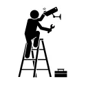 A person on a ladder fixing cctv with a toolbox on the ground icon 