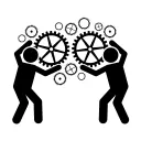 Two figures holding several small to large cogs icon 
