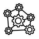 A central cog linking to sive other smaller surrounding cogs icon 