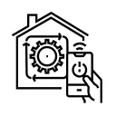 An icon of a house with a cog inside being managed by a hand holding a smartphone 