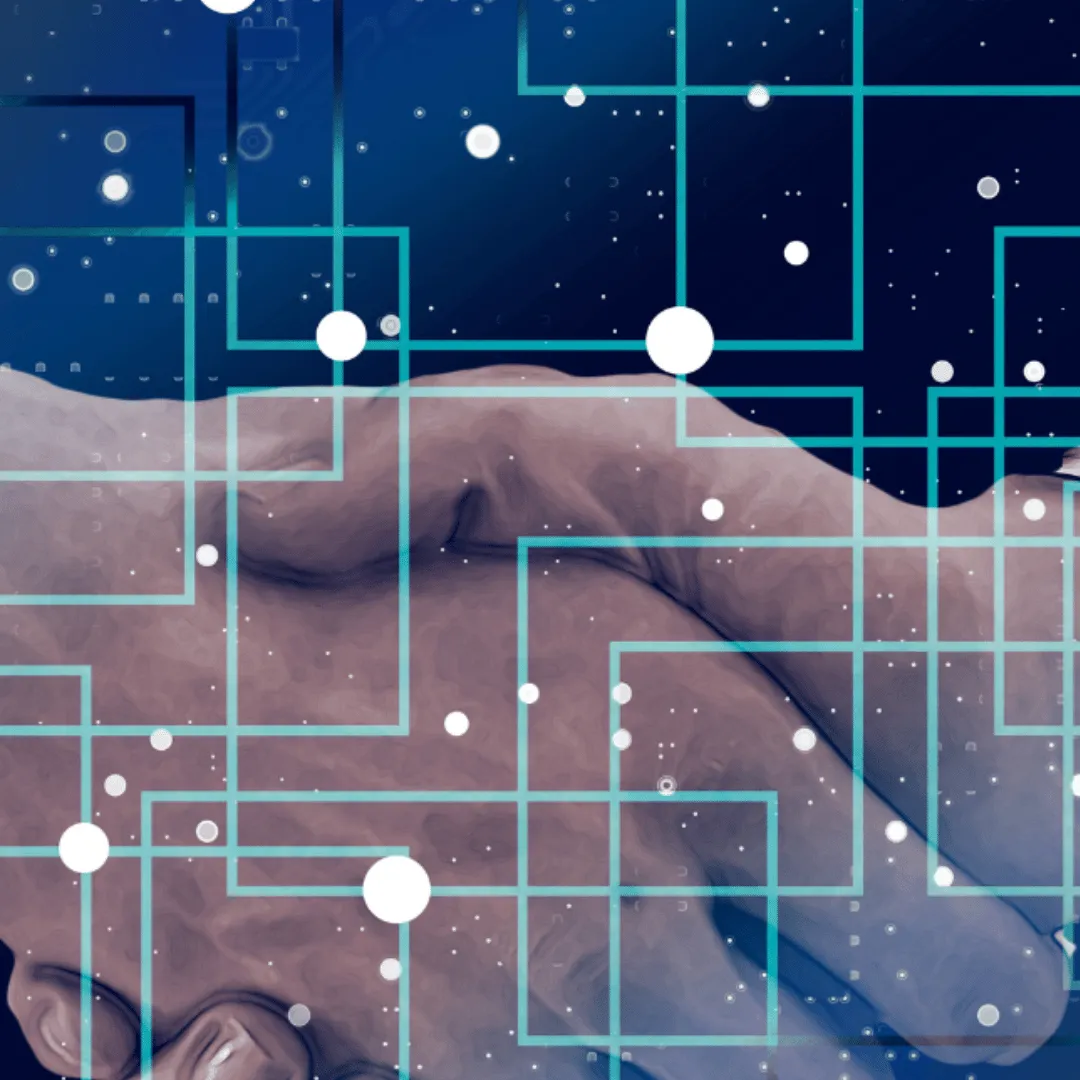 Shaking hands in front of a technical lines grid 