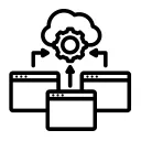 A cloud and a cog linking computer screens icon 