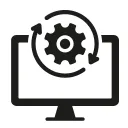 A computer screen with a cog icon