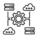 a central cog linking clouds to computers icon