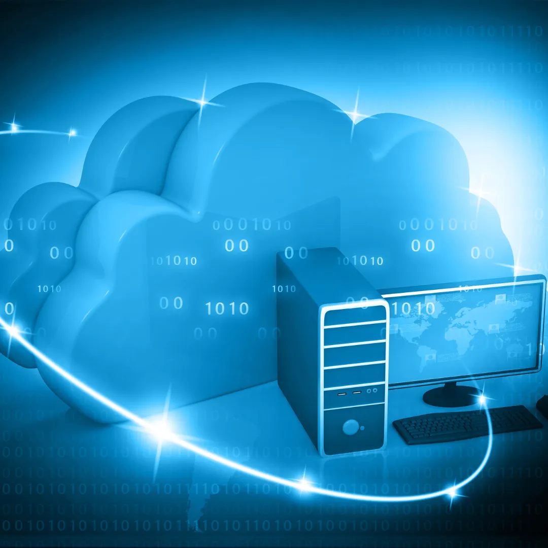 a decorative image of a blue cloud with a blue computer to show connectivity from one to the other 