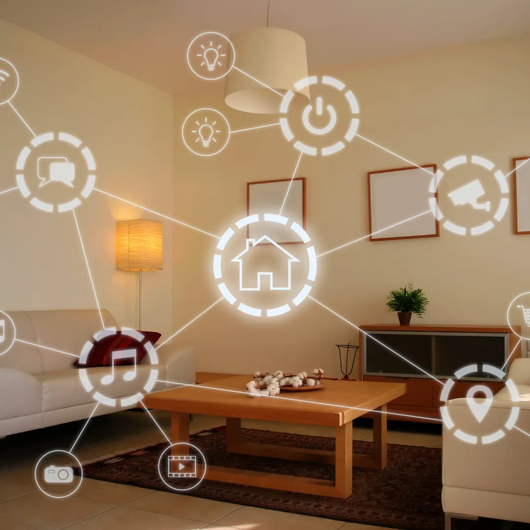 an image of a living room adorned with smart home symbols