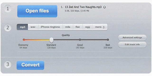 Settings page of the online audio converter showing steps to compressing a file.