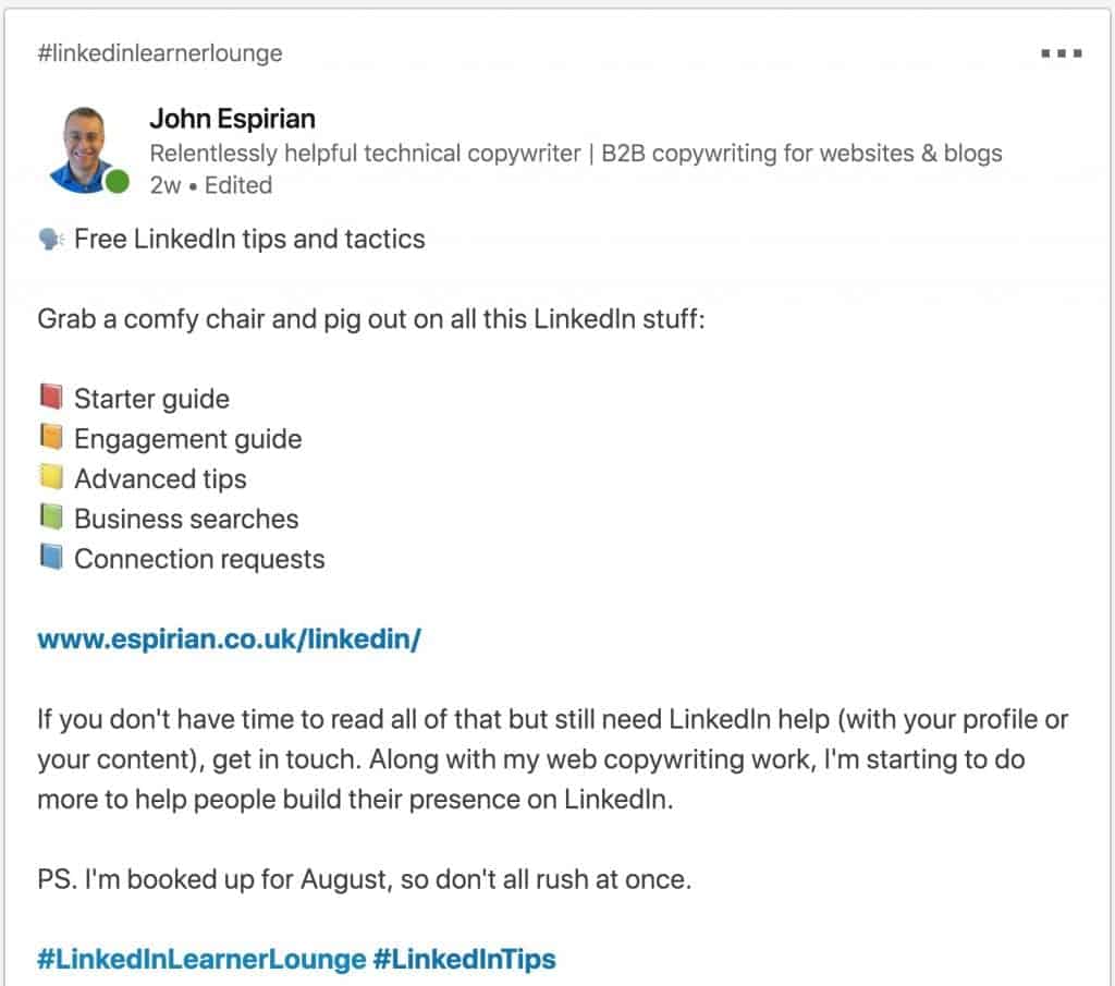 A LinkedIn post that uses both text and emojis