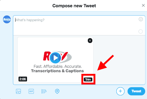 screenshot of twitter compose new tweet box with red arrow pointing to trim