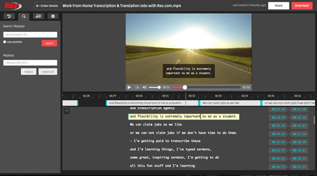 screenshot of rev's captions editor