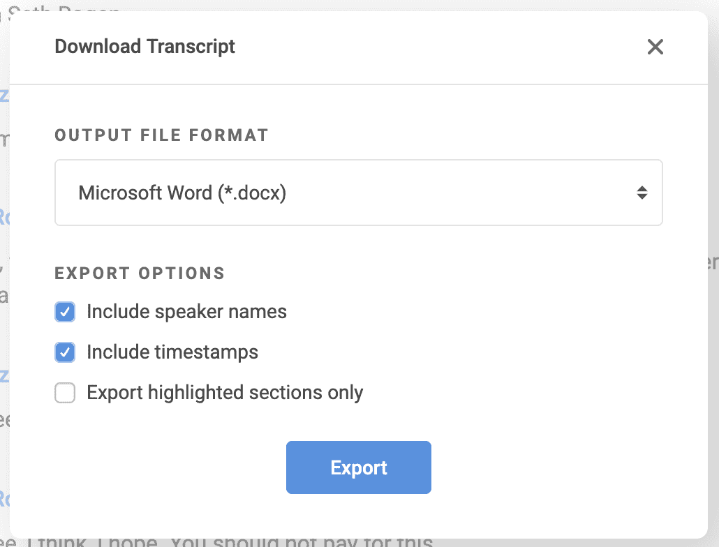 Screenshot of the download and share transcript page on Rev's transcript editor