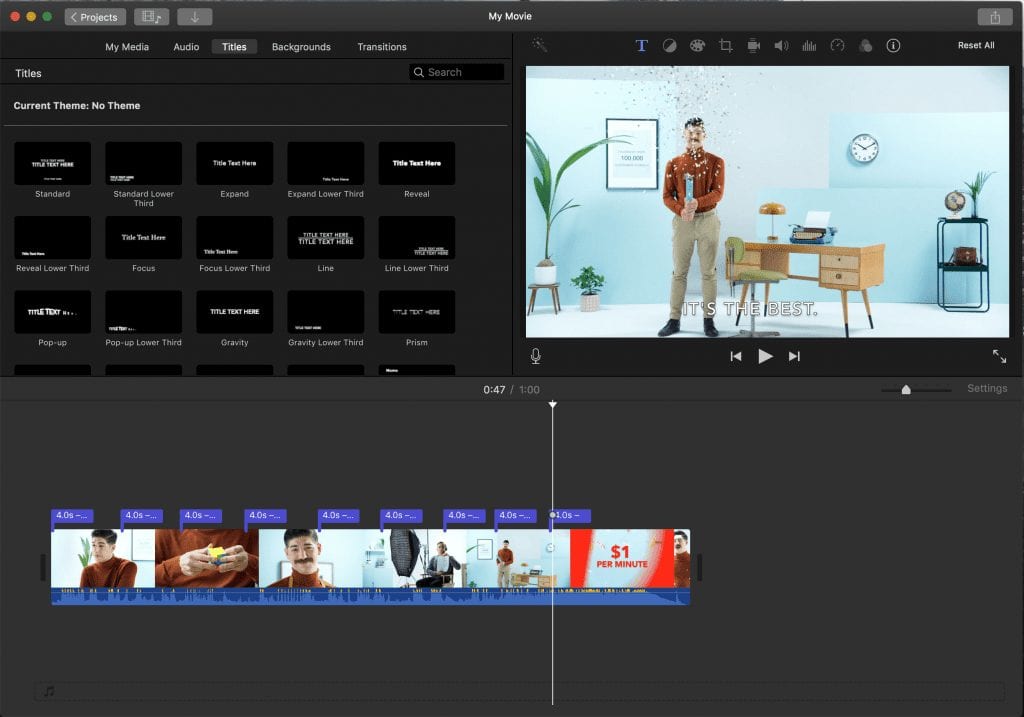 iMovie editing page with captions on the screen