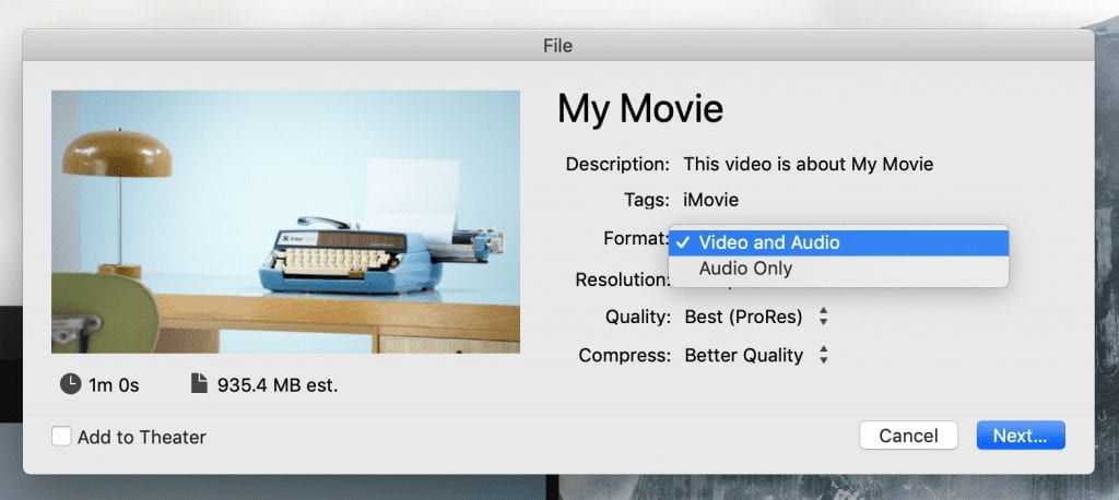 iMovie file settings page