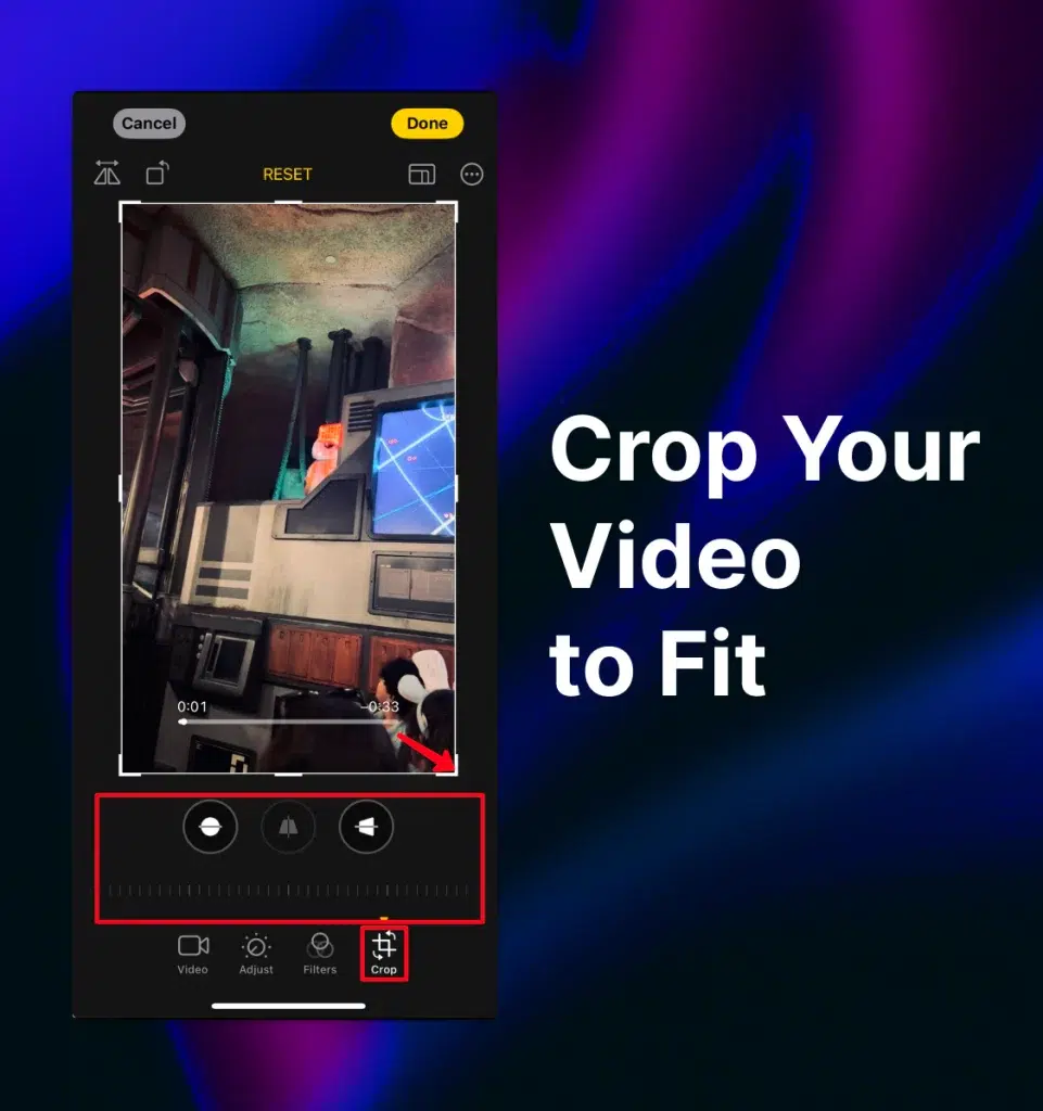 iPhone video still of BB-8 android with “Crop” editing tools highlighted at the bottom and an arrow pointing to frame adjusters with the words “Crop Your Video to Fit” on the right-hand side of the image.