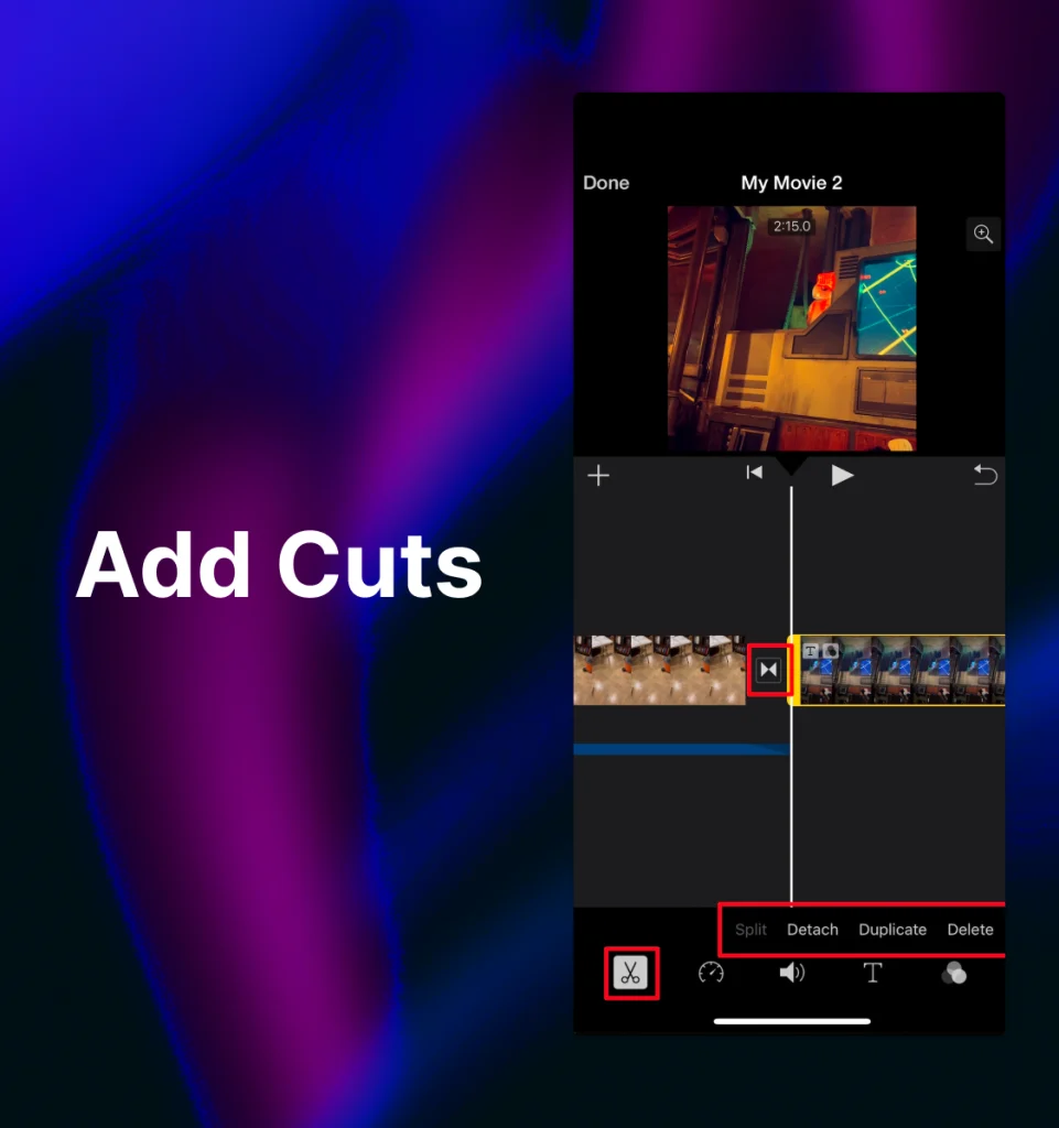 iPhone iMovie editing screen with “Cut” tools highlighted at the bottom with the text “Add Cuts” on the left-hand side.