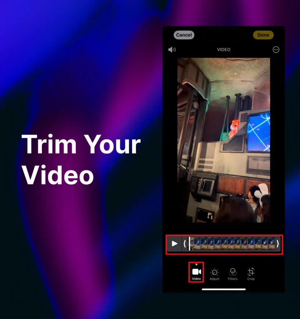iPhone video still of BB-8 android zoomed out with “Video” edit tools highlighted at the bottom and the words “Trim Your Video” to the left side of the image.
