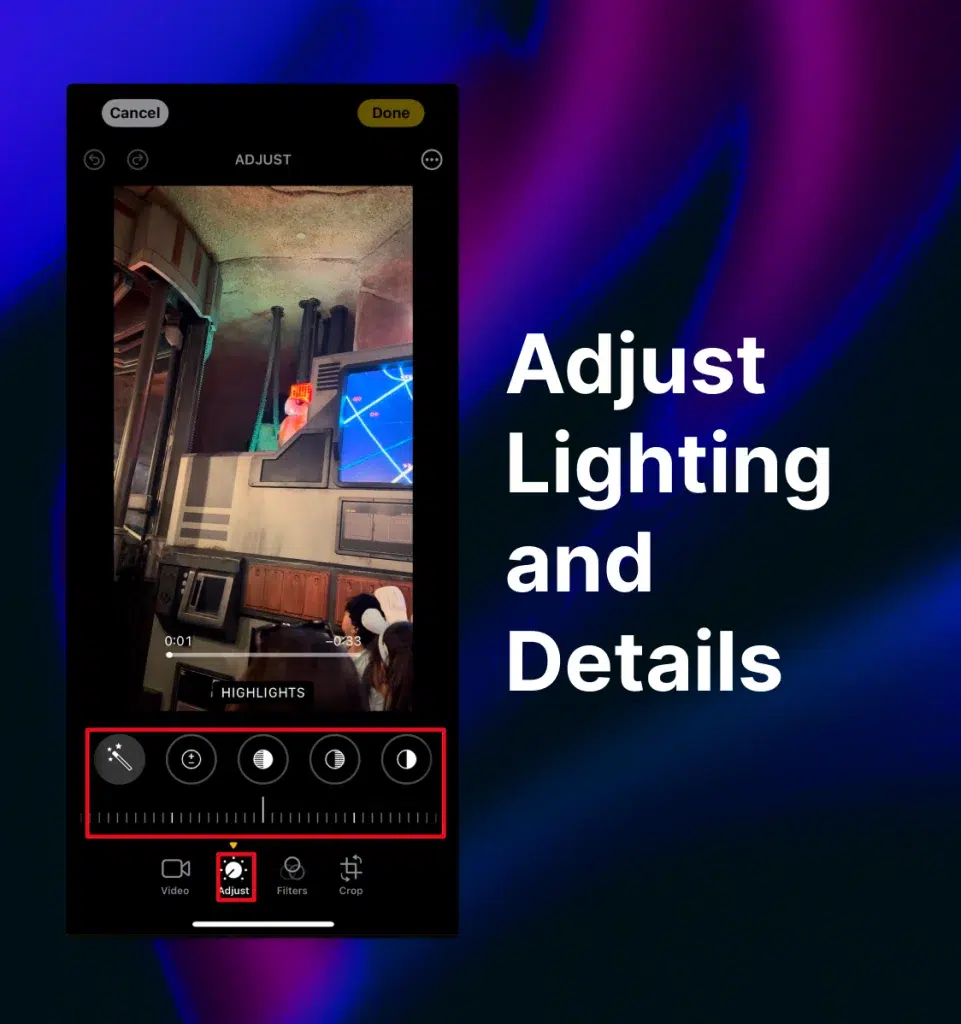 iPhone video still of BB-8 android with “Adjust” video edit tools highlighted at the bottom and the words “Adjust Lighting and Details” to the right of the image.