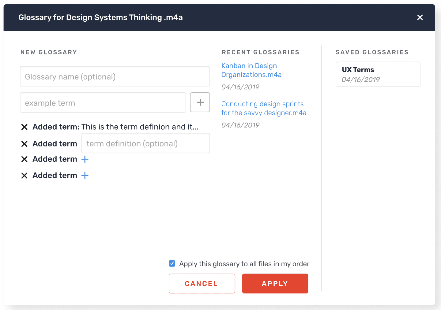 Screenshot example of how to apply a glossary to transcript orders