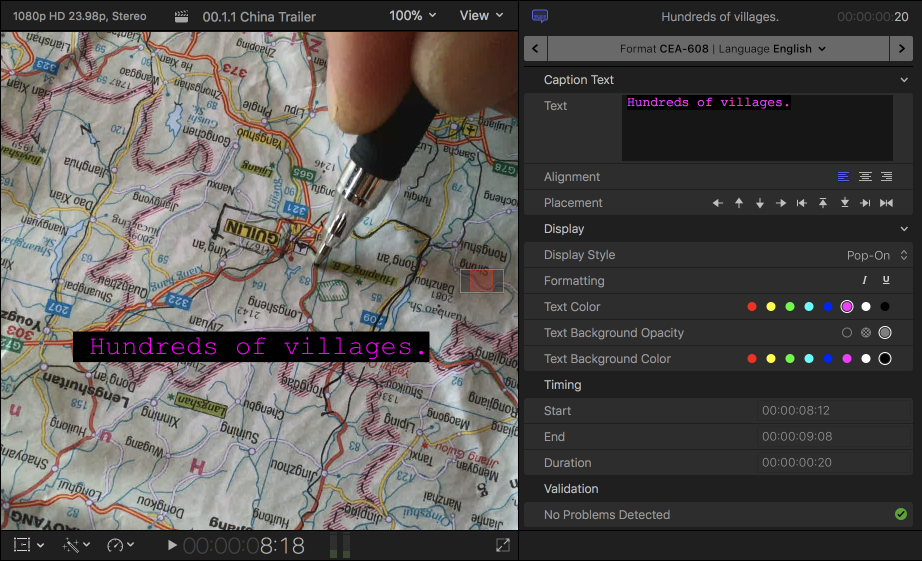 Caption editor page in Final Cut Pro showing pink captions over a video of a map