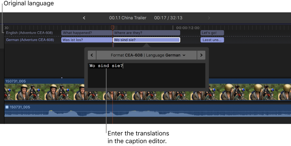 Final Cut Pro editing page showing translated captions being added.