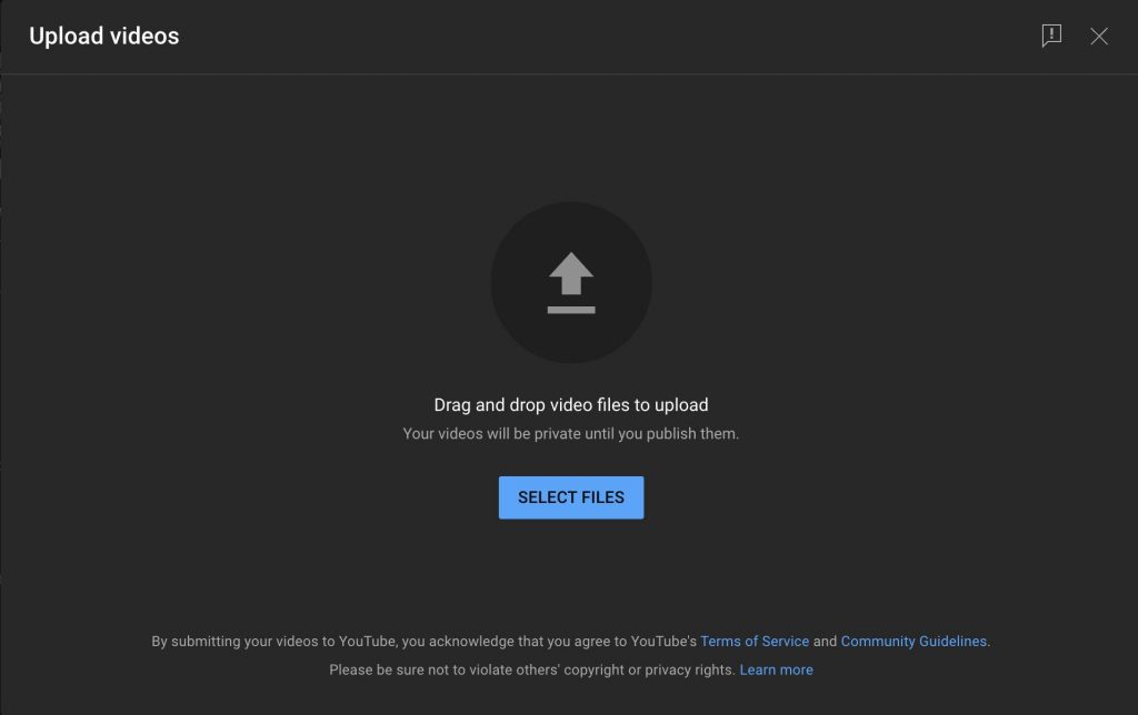 File selection screen for uploading YouTube videos on a web browser, reading “Drag and drop video files to upload” and a box that says “SELECT FILES”
