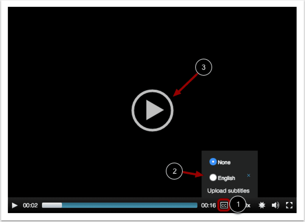 A video in Canvas with the English subtitles button highlighted