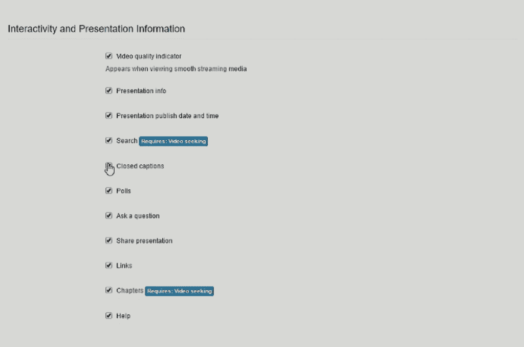 Page titled "Interactivity and Presentation Information" on Mediasite