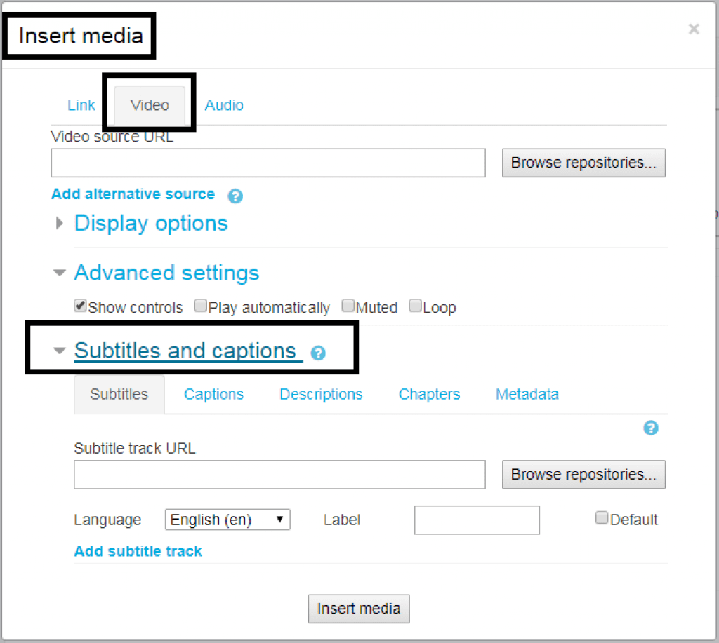 Moodle "subtiles and captions" page