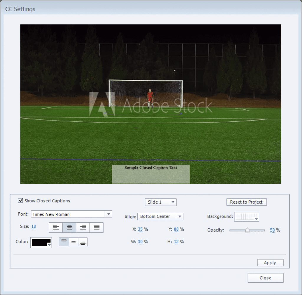Closed caption settings in Adobe Captivate