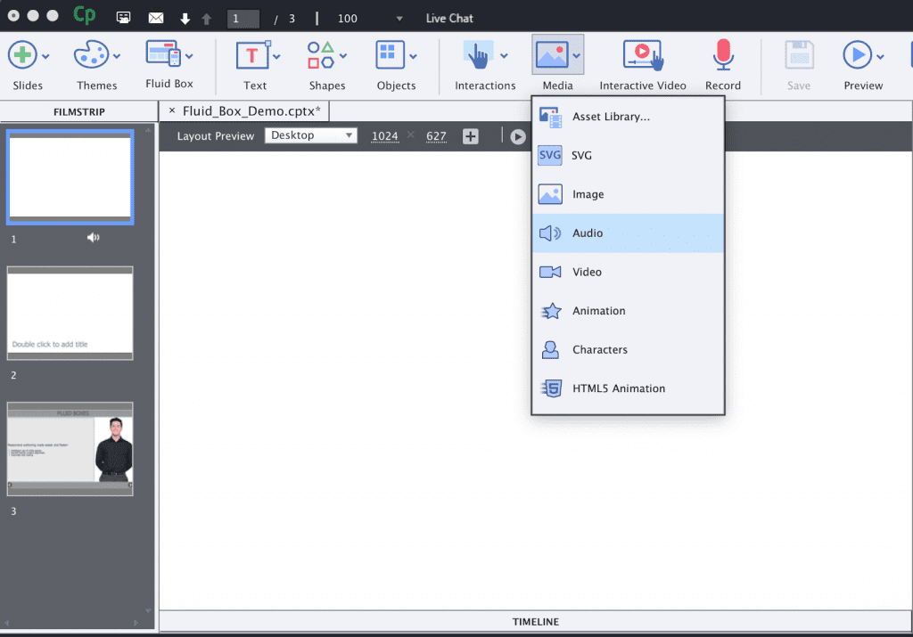 Audio file uploading button on Adobe Captivate