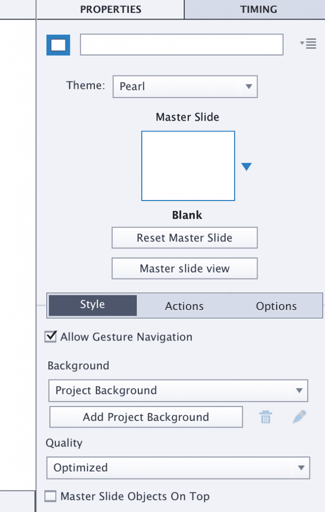 Properties setting screen on Adobe Captivate