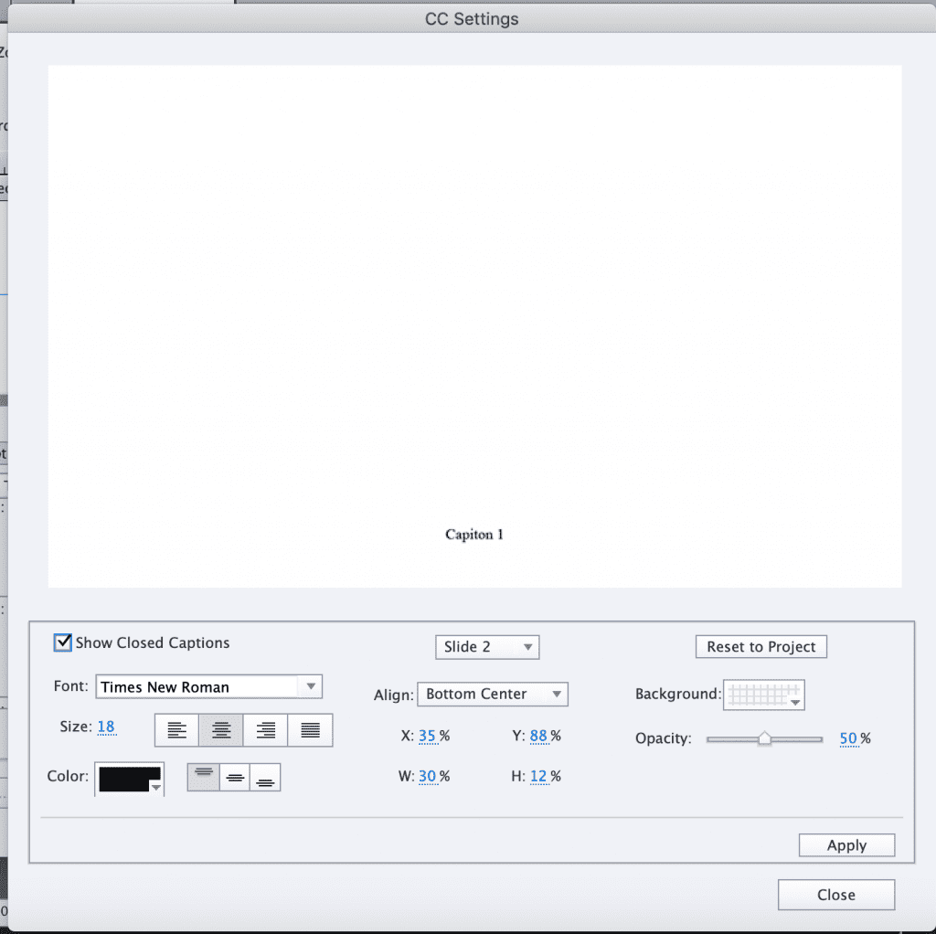 The closed caption settings page on Adobe Captivate