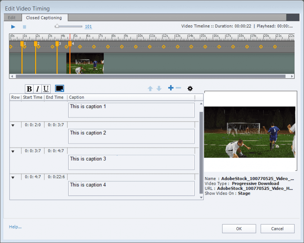 Closed captioning editing screen on Adobe Captivate