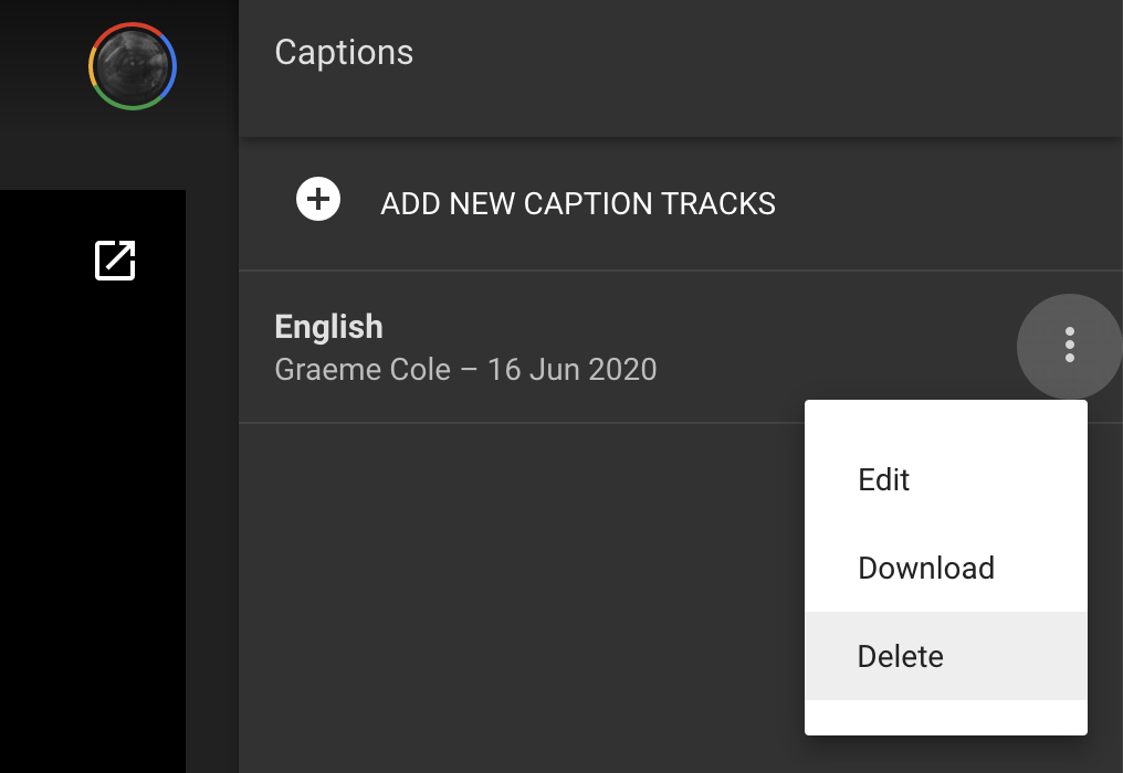 Caption file editing screen in Google Drive, with the "Delete" button highlighted