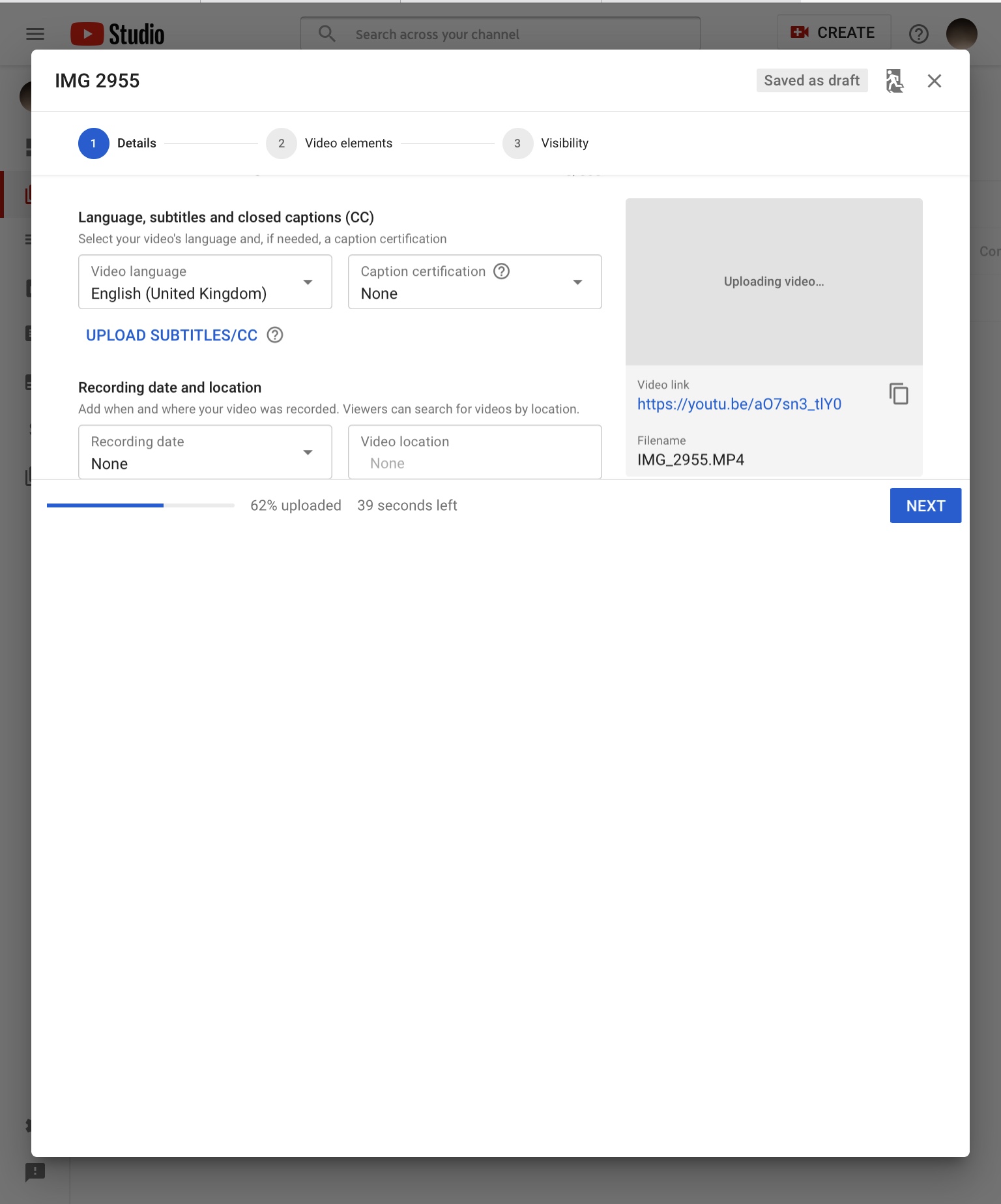 YouTube Studio uploading video popup