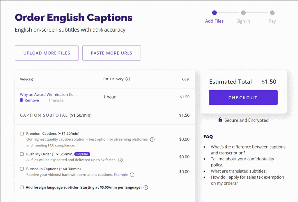 Order English Captions checkout page on Rev