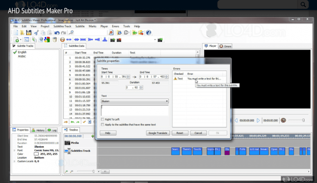 Screenshot of the AHD subtitle maker software being used to update subtitle properties