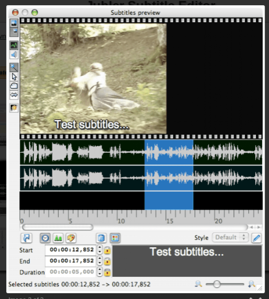 A screenshot of Jubler software being used to test subtitles