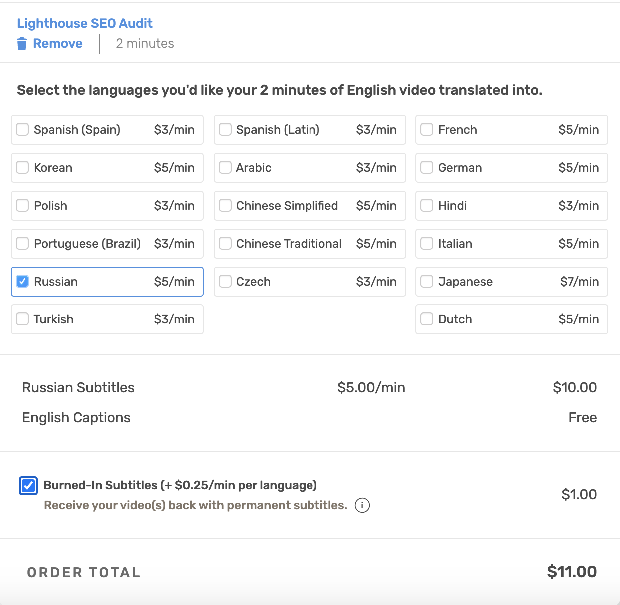 Screenshot of Rev platform choosing Russian subtitles $5/min