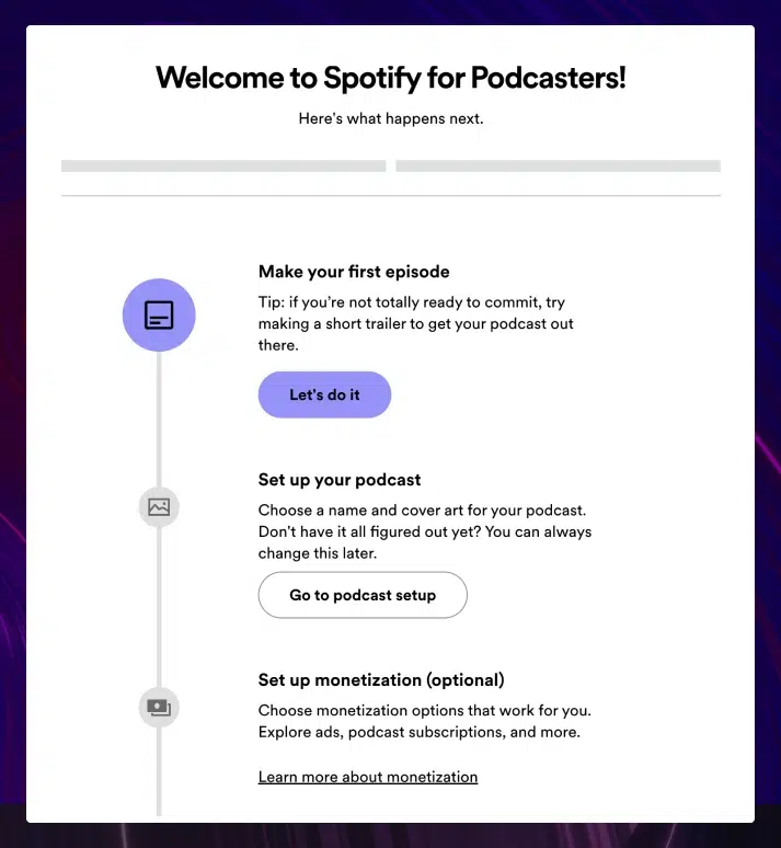 A screenshot of Spotify’s first steps to set up your podcast