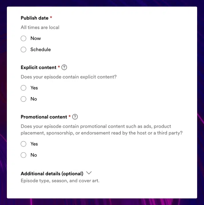 Spotify for Podcasters’ episode publishing details screen.