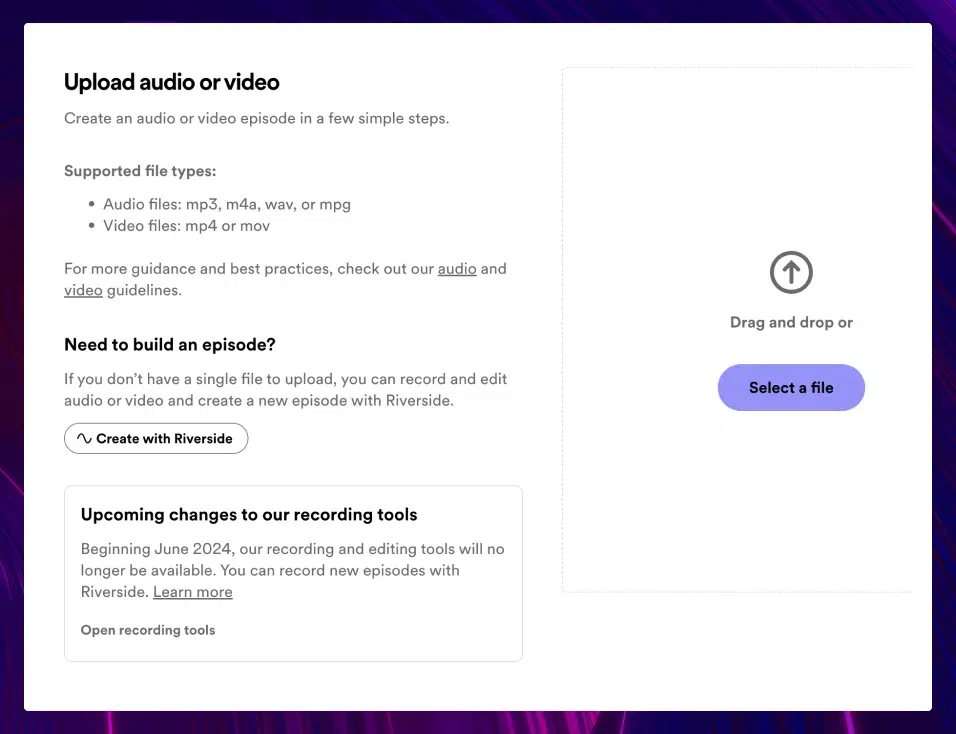 Instructions on how to upload your audio or video to Spotify