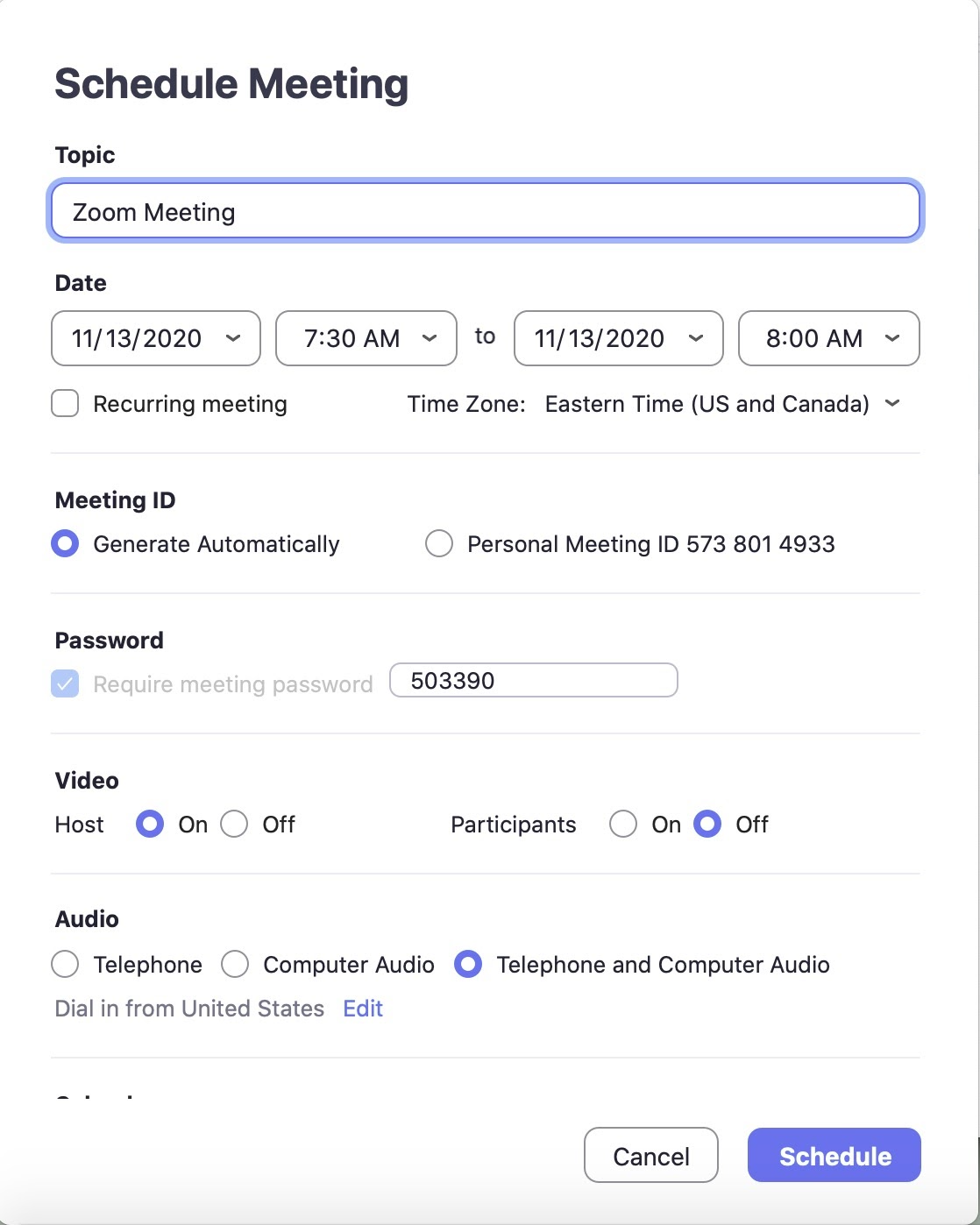 Schedule meeting page on Zoom