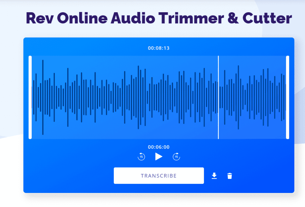 Rev Online Audio Trimmer interface with selected audio section and transcription button.