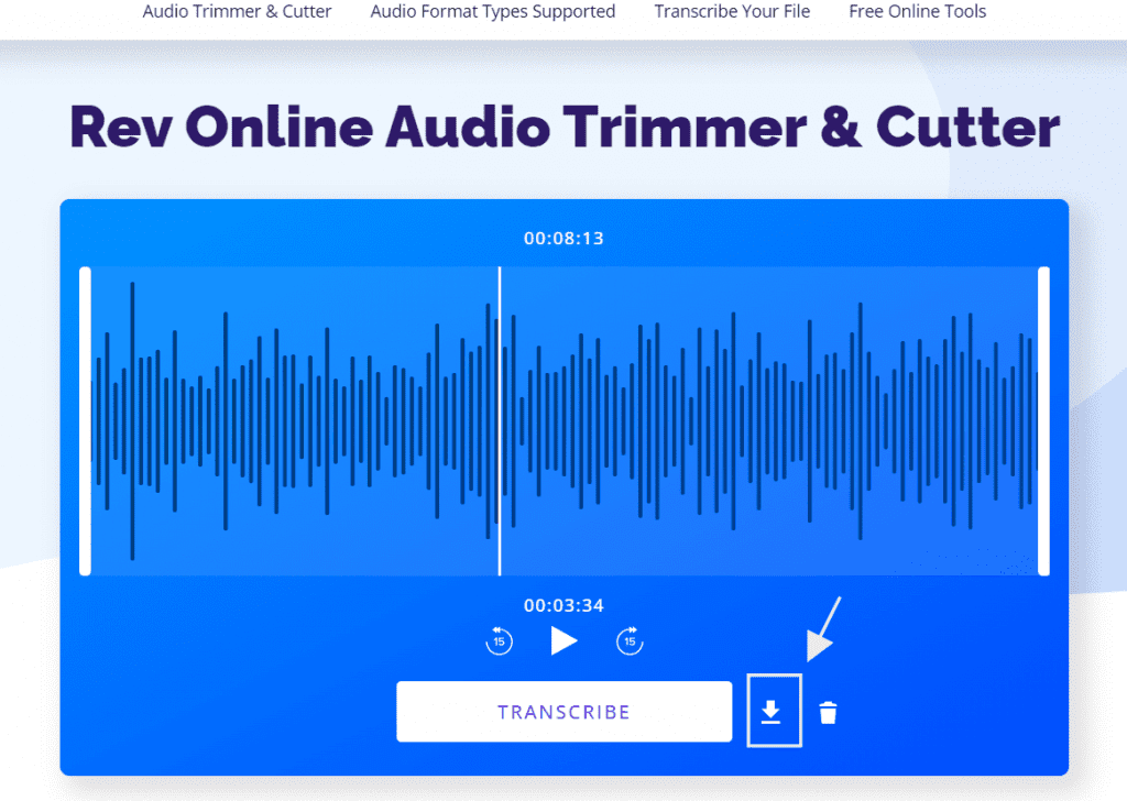 Rev Online Audio Trimmer interface with the download button highlighted